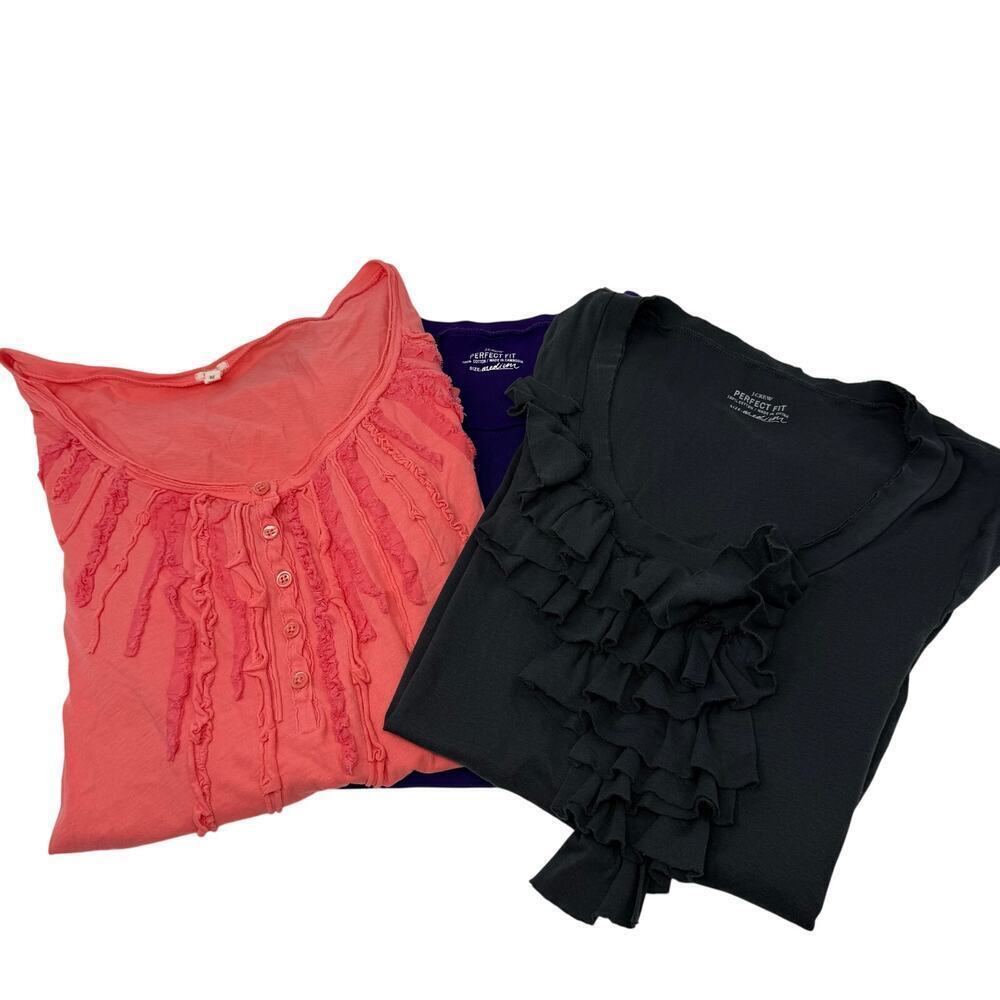 J. Crew 3 Top Bundle Medium Tees Ruffles, Henley, Perfect Fit VGUC Y2K